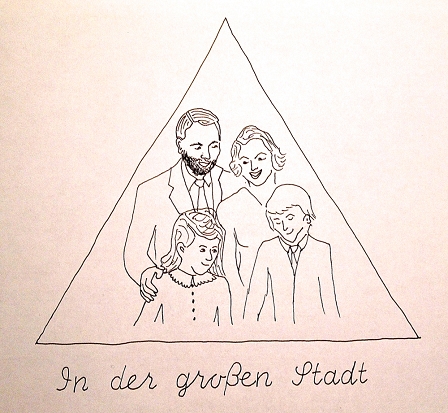 Gezeichnete Familie: Vater, Mutter, Mädchen, Bub.